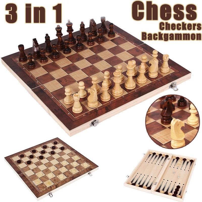Board Game Quacks - 3-in-1-Schachbrett, klappbares tragbares Schachspielbrett aus Holz,