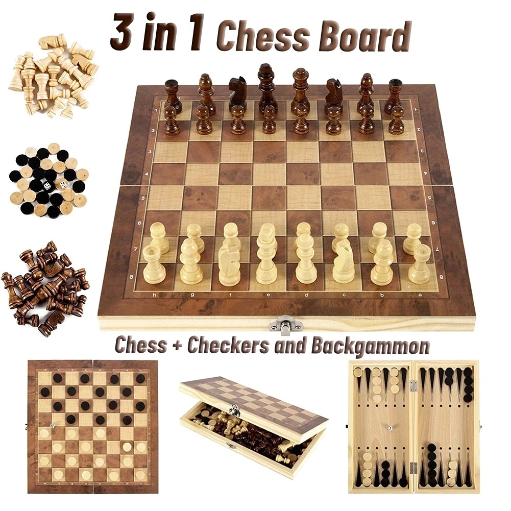 Board Game Quacks - 3-in-1 Holz-Dame-Backgammon-Schach-Set, tragbares, faltbares Brettspiel für